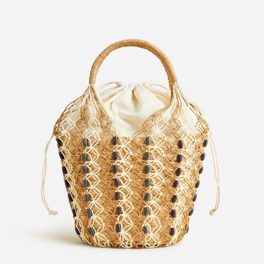 J. Crew Sedona Beaded Basket Bag Tan and White Woven Tote Straw New - Picture 10 of 10